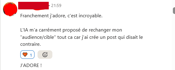 Avis client : « Franchement j’adore, c’est incroyable. » SaySend a repéré que l’un de ses posts contredisait la cible qu’il s’était fixée et lui a proposé de la revoir.