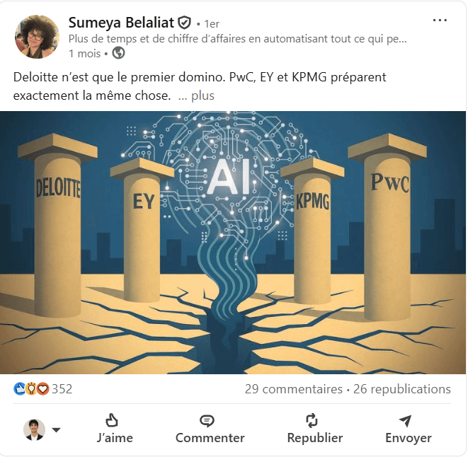 Post LinkedIn de Sumeya Belaliat : « Deloitte n’est que le premier domino »