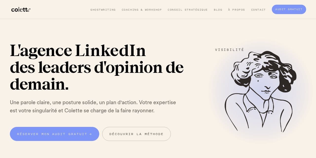 Page d’accueil de Colette, agence LinkedIn pour dirigeants