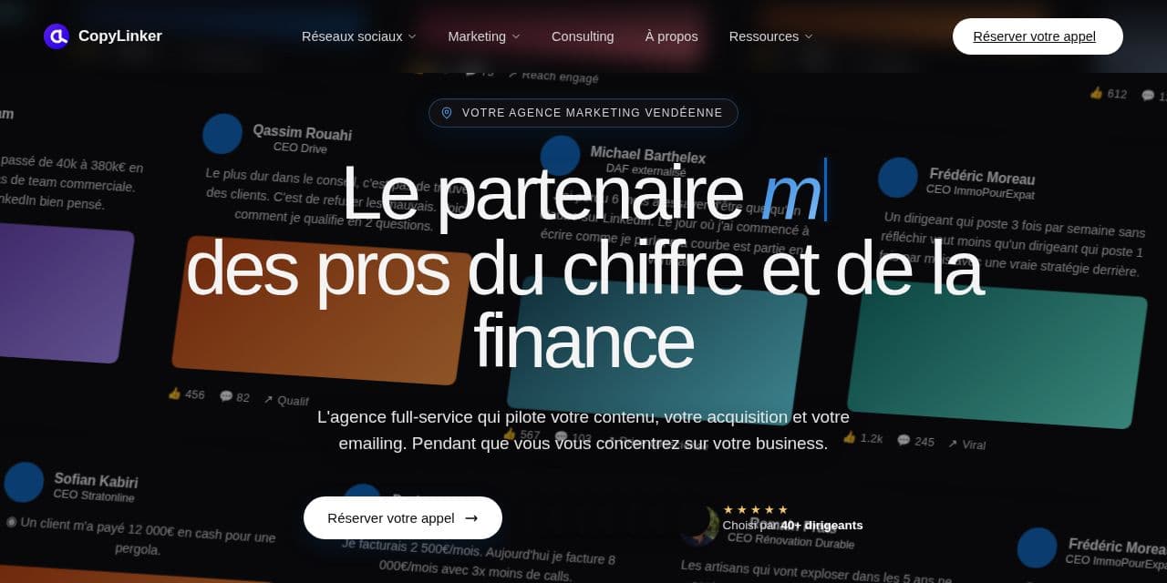 Page d’accueil de CopyLinker, agence LinkedIn pour les professionnels du chiffre