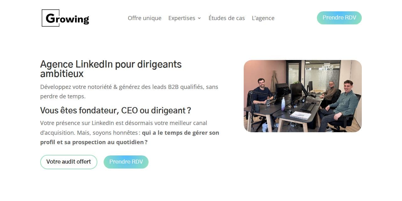 Page d’accueil de Growing, agence LinkedIn pour dirigeants