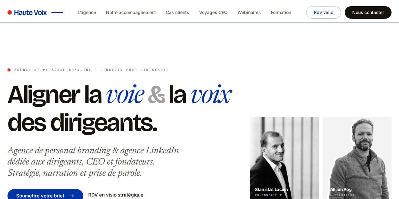 Page d’accueil de Haute Voix, agence de marque personnelle pour dirigeants