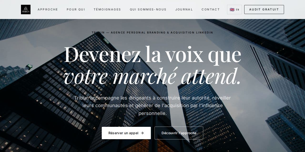Page d’accueil de Tribun, agence de marque personnelle et d’acquisition LinkedIn