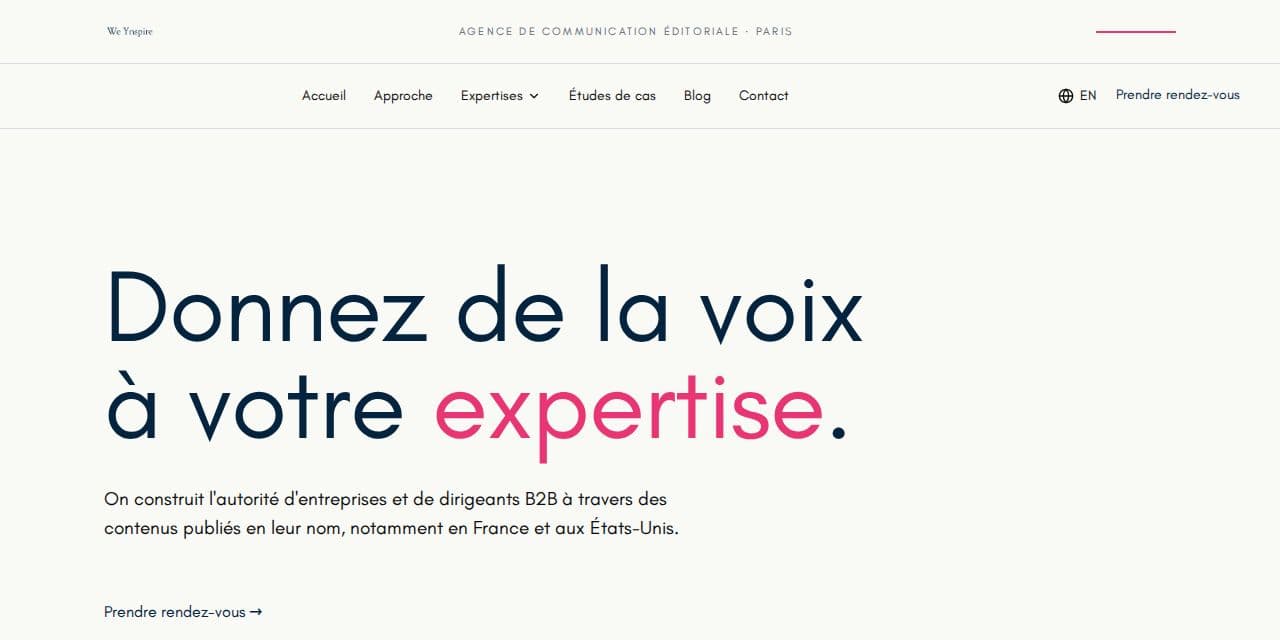 Page d’accueil de We Ynspire, agence éditoriale pour dirigeants B2B