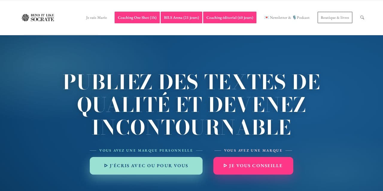 Page d’accueil de Bend It Like Socrate, le coaching d’écriture LinkedIn de Marie Gaymard