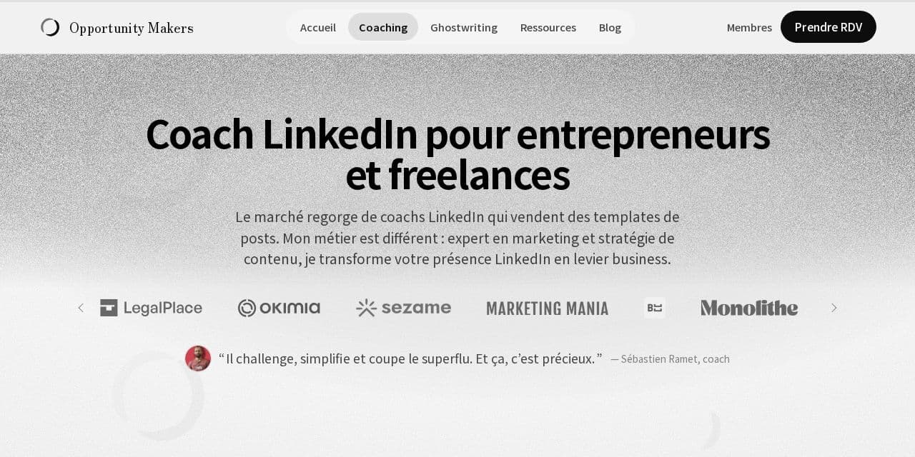 Page coaching LinkedIn d’Opportunity Makers, pour entrepreneurs et freelances