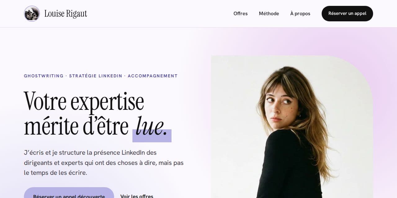 Page d’accueil du site de Louise Rigaut, ghostwriter LinkedIn pour dirigeants et experts