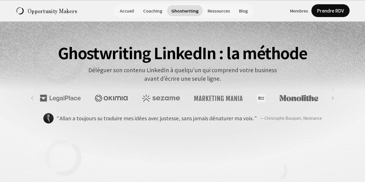 Page ghostwriting LinkedIn d’Opportunity Makers, l’activité d’Allan Dubos