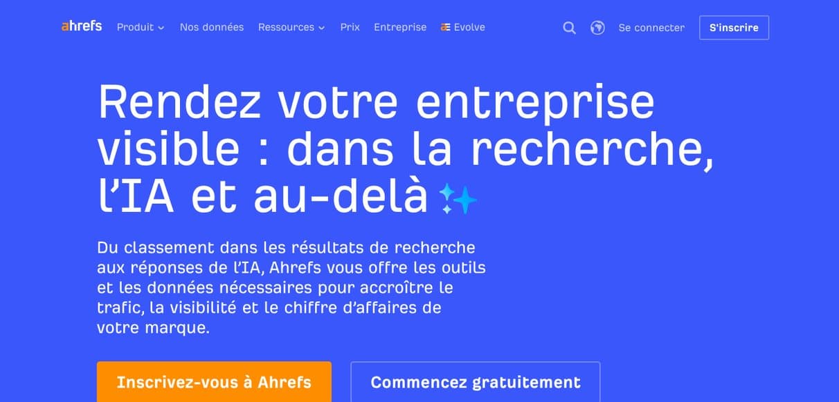 Page d'accueil d'Ahrefs, outil d'analyse des liens entrants et de la visibilité d'une marque dans les IA