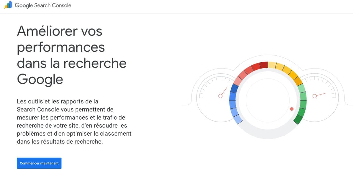 Page d'accueil de Google Search Console, outil gratuit de Google qui montre les recherches menant à un site