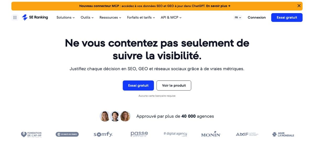 Page d'accueil de SE Ranking, logiciel SEO avec suivi de positions, audit et suivi de la visibilité dans ChatGPT