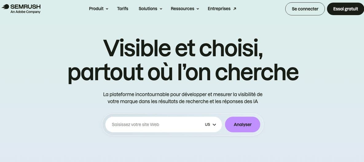 Page d'accueil de Semrush, plateforme de recherche de mots-clés, d'analyse des concurrents et de visibilité dans l'IA