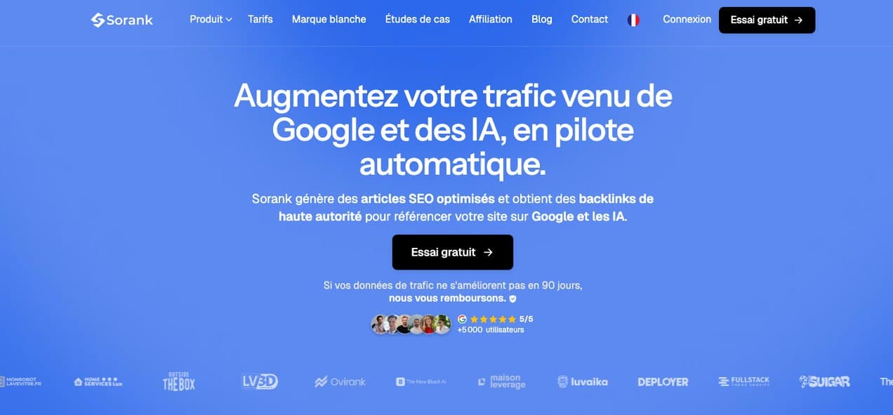 Page d'accueil de Sorank, logiciel SEO qui rédige et publie les articles d'un indépendant et suit sa présence dans les réponses des IA