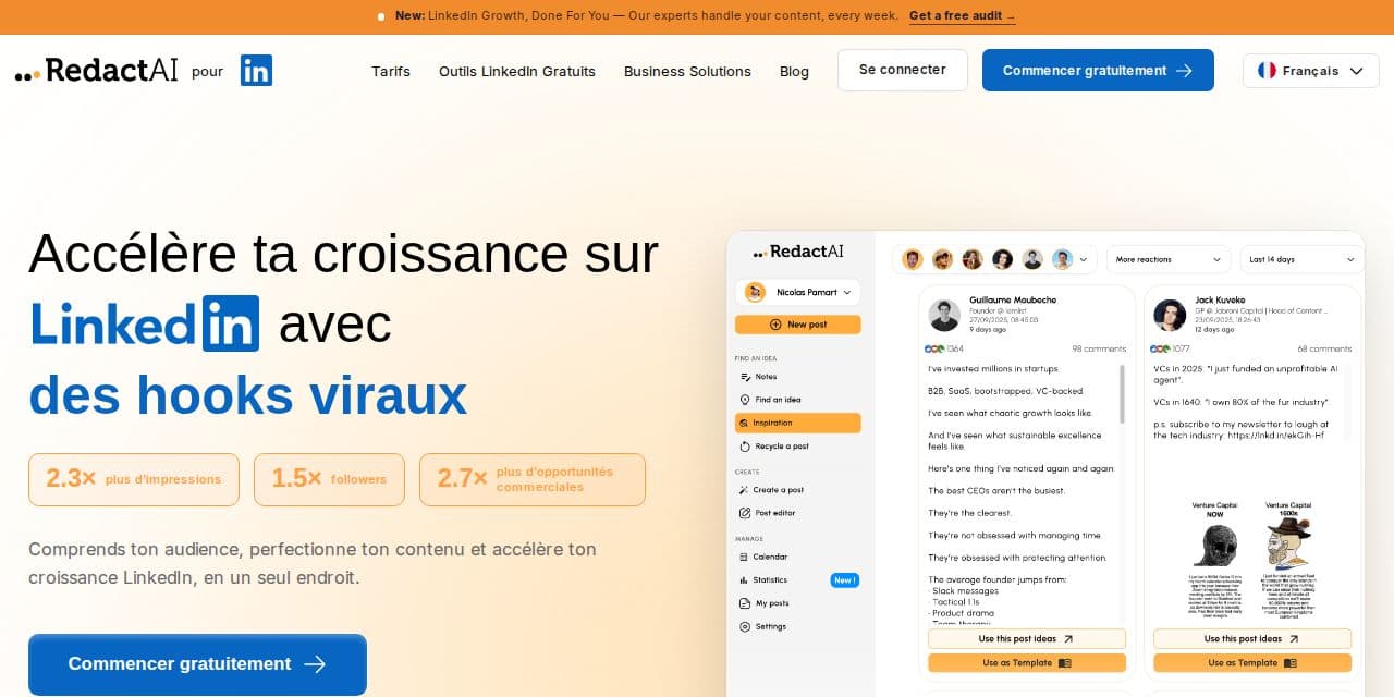 Page d’accueil de RedactAI, application lyonnaise qui rédige et planifie des posts LinkedIn