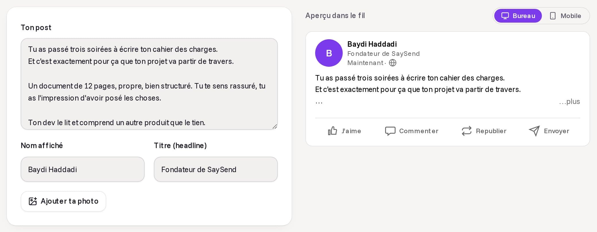 Outil gratuit d’aperçu de post LinkedIn : le post tel qu’il s’affiche dans le fil, coupé au « voir plus » après deux lignes