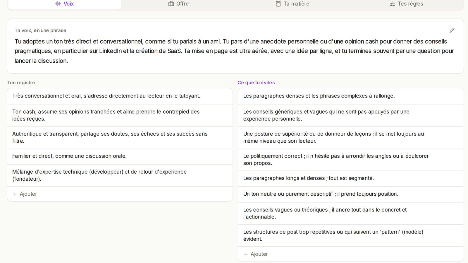 Écran Mémoire de SaySend : la voix de l’auteur résumée en une phrase, son registre et ce qu’il évite d’écrire